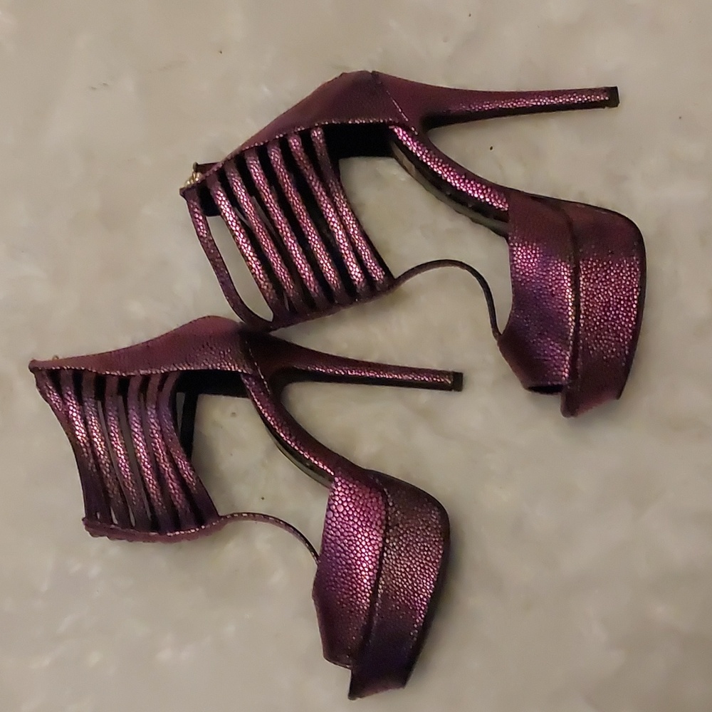 Purple metallic platform heels